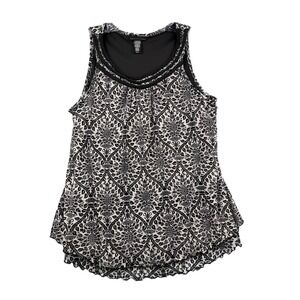 Apostrophe Womens XL Damask Print Sleeveless Mesh Overlay Blouse Black White